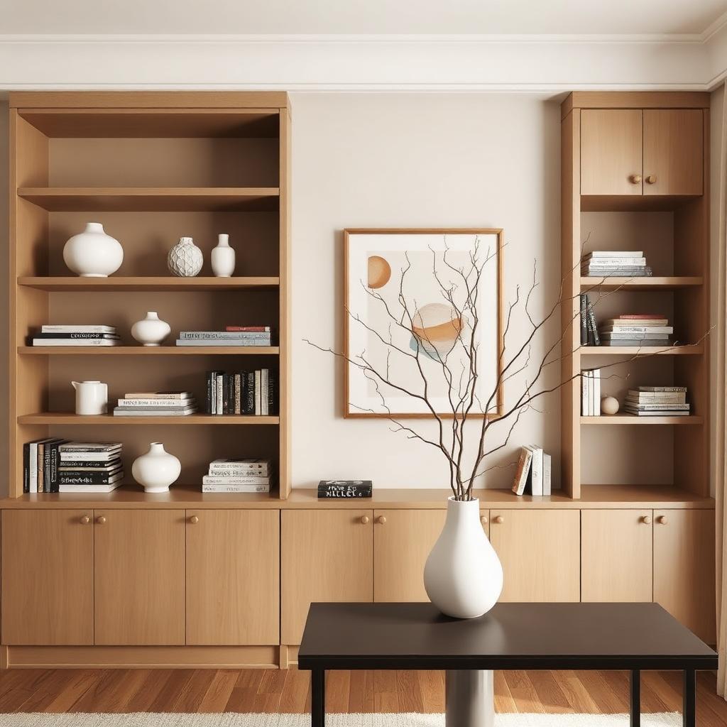 Open shelving with ceramics and books